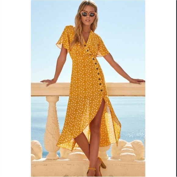 Lulus Dresses & Skirts - NWT Lulus Mustard Yellow Floral Print Button Up Flowy Midi Dress